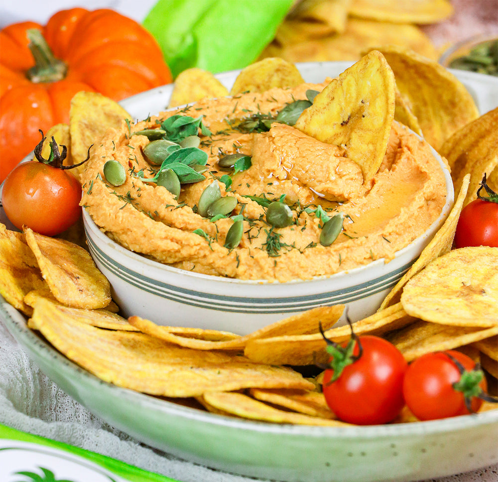 Pumpkin Hummus with Plantain Chips