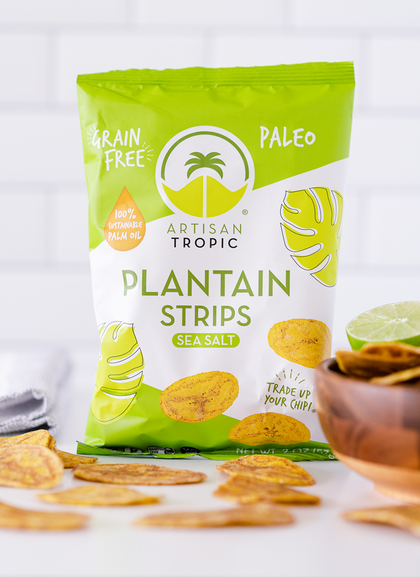 Picture of Artisan Tropic's 2 oz Sea Salt Plantain Strips with strips in a wooden bowl