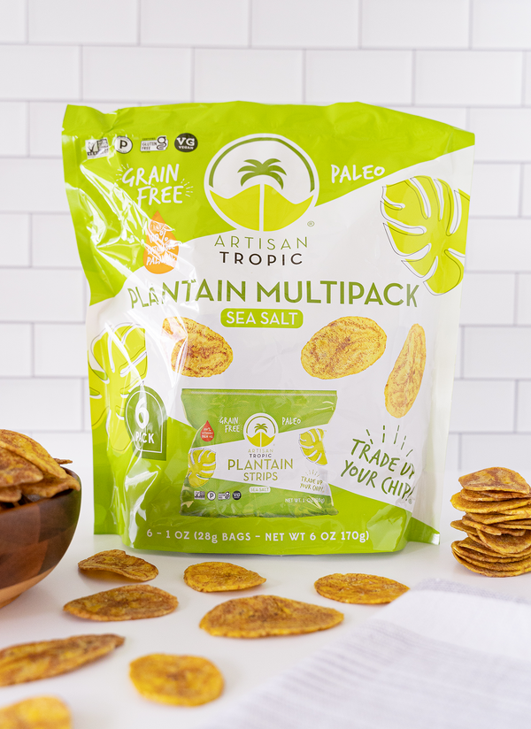 Photo of Artisan Tropic's Sea Salt Plantain Multi-Packs with plantain strips outside the bag