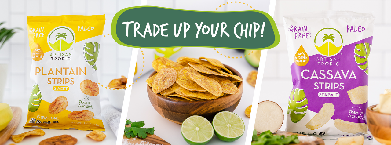 Graphic showing Artisan Tropic's naturally sweet plantains, sea salt plantains and sea salt cassava strips